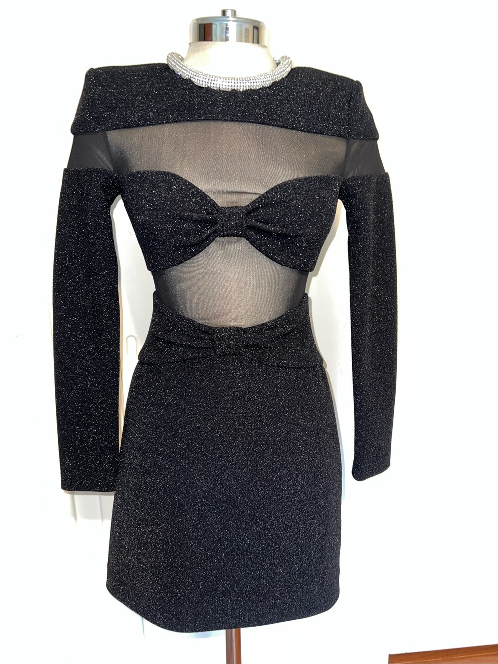 Rebecca Vallance Black Sparkle Long-Sleeve Mini Dress with Crystal Collar